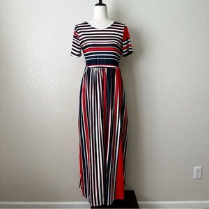 NWOT Casual Red White Blue Striped Jersey Knit Maxi Dress, Sz Medium